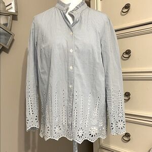 Boden Light Blue Striped Blouse with beautiful cutout eyelet detail
